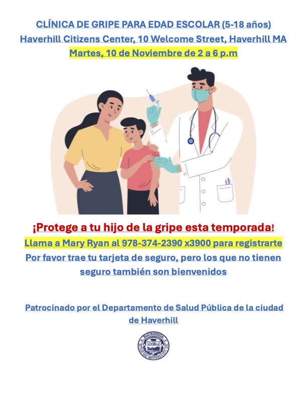 Spanish version of a Flu Clinic for School Age Children (5-18 yo) Flyer