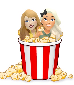 Two girl characters sitting inside a popcorn bucket, eating popcorn.