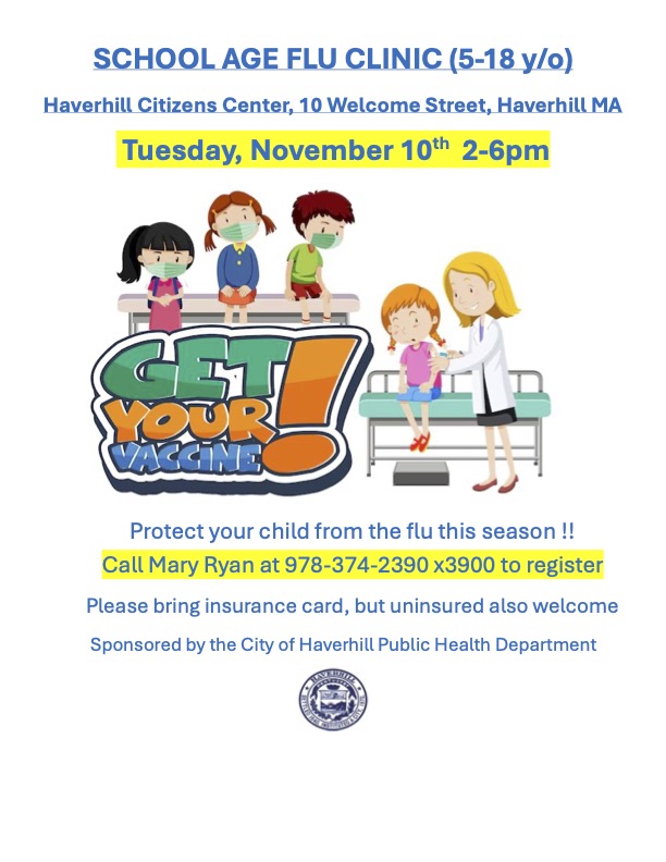Flyer advertising a Flu Clinic for School Aged Children (5-18 yo)
