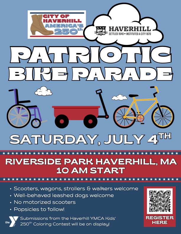 Patriotic bike parade flyer with red, white and blue, picture of wheelchair, wagon and bike