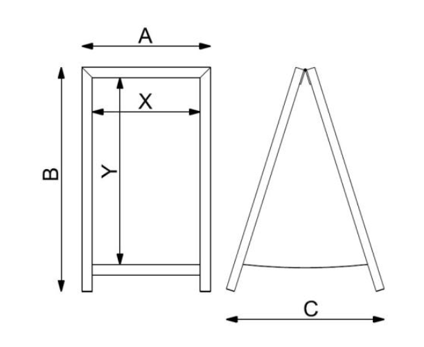 "Diagram showing sample A-frame sign drawing, labeled A for width, B for height, C for depth"