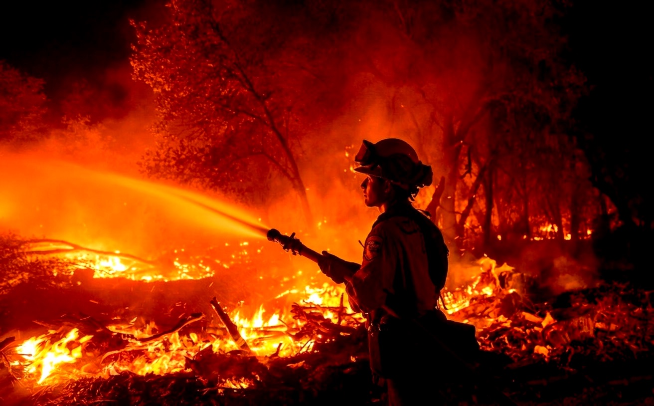 Firefighter battles a blaze in Madera County