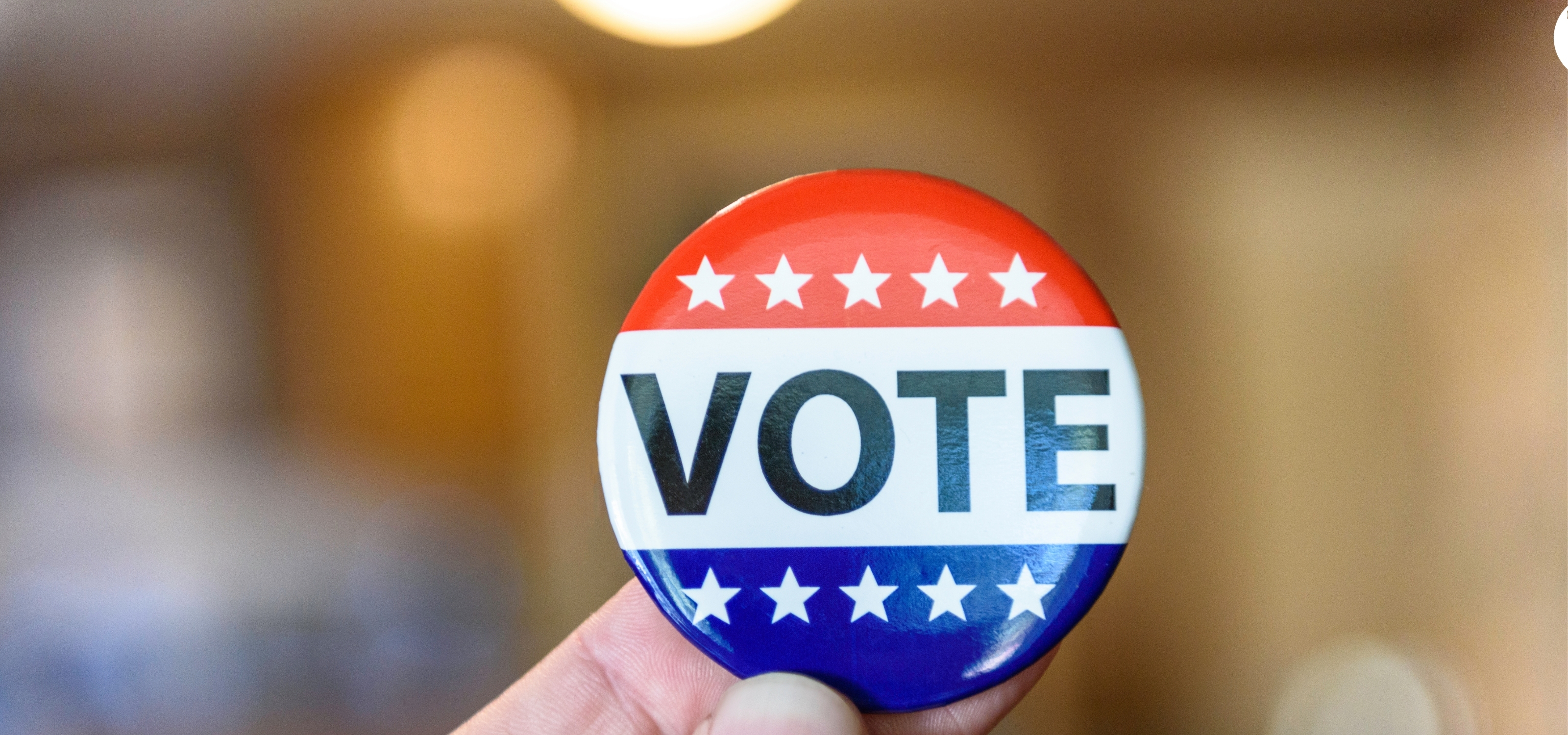 A person's hand holding a vote button